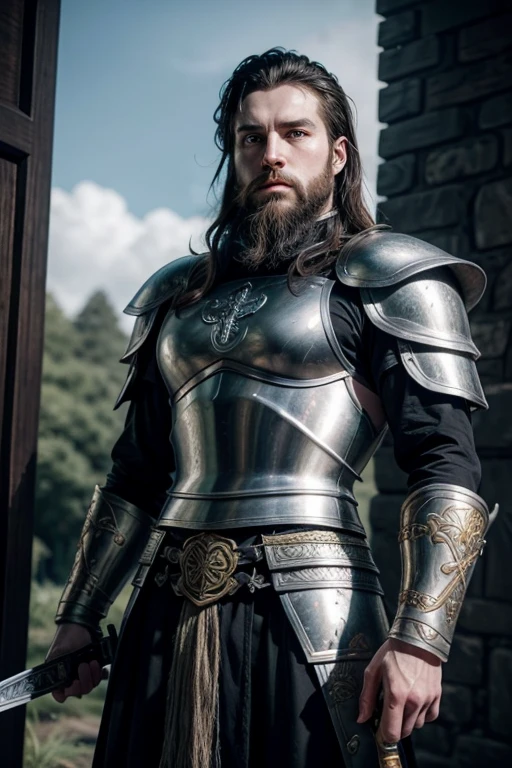 Pale Celtic Prince, strong and tall with black hair and beard and silver eyes, wielding a sacred sword and wearing black armor with gold details. 