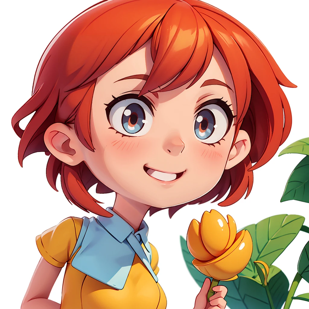 Staring at the audience,Short-haired girl,Alone,Face close-up,smile,White background,Summer clothes