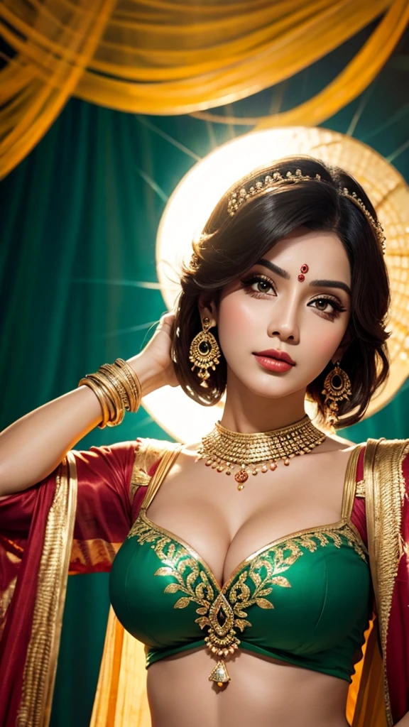 Hot beautiful goddess,face makeup, perfect face,huge breasts,big circle jhumki earrings,long earrings,sharp jawline, lipstick ,short hair, shiny hair, yellow saree, cleavage,navel,thin body, tall ,printed blouse ,hand jewellery,rings,