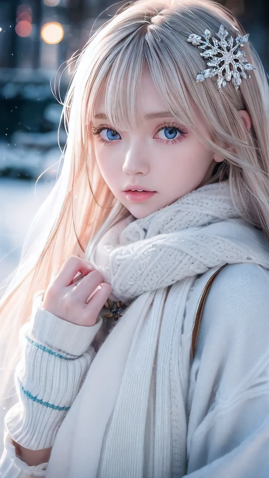 alone, very beautiful nordic girl、Shiny light blonde hair, Beautiful super long straight dazzling blonde hair fluttering in the strong wind,Long bangs obstruct the view、 Very large eyes are pale sky blue, Detailed face, White and beautiful skin、Cheek gloss highlighter、Mittens, White scarf, whole body, Snow Forest, Attractive areas, (Blushing your nose, Heavy breathing:1.1), (dark:1.4)