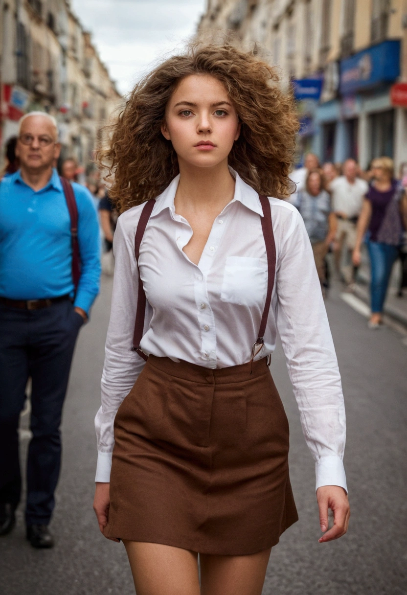 jeune femme,corps entier, en jupe, Marcher dans la rue, beau visage, Photo réaliste, cheveux bouclés, cheveux chatain