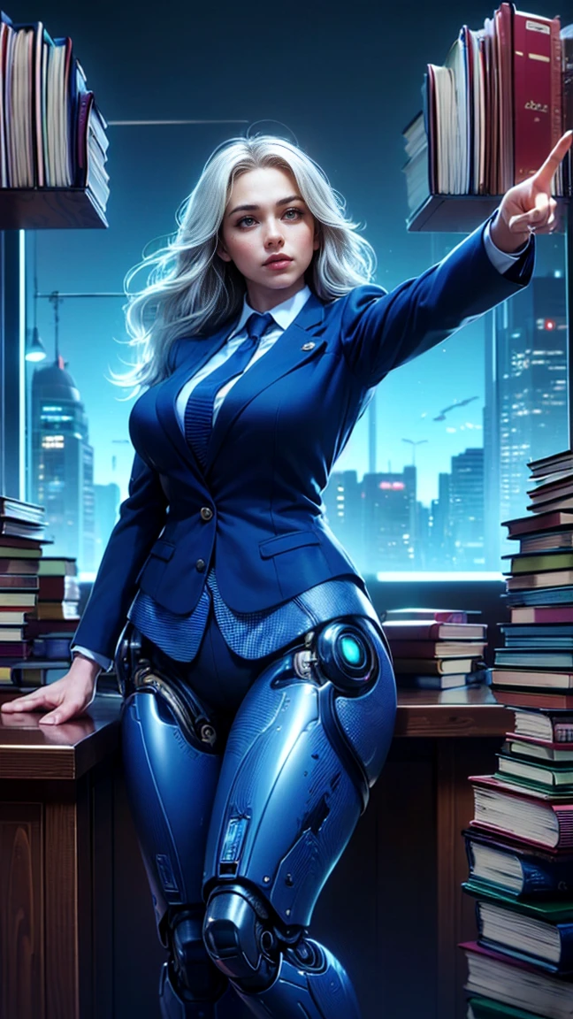top quality, future world, State-of-the-art robot, Beautiful Woman, flying hair, Transformed into a cyborg except for the face, whole body photo, (((lawyer, law court, thick books on table, libra, normal suit, in office, pointing to front)))