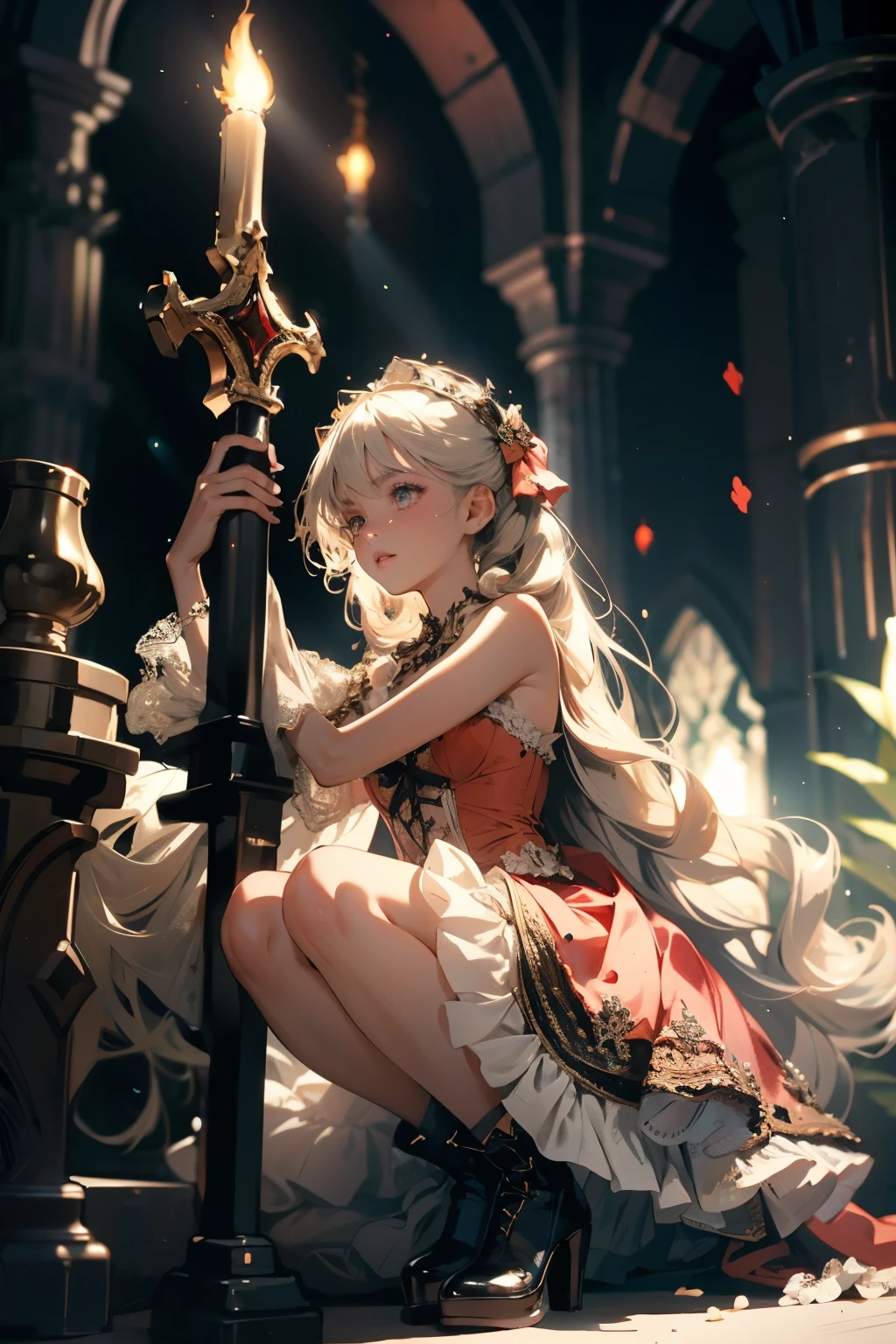 ((best quality)), ((masterpiece)), (detailed), blank white background, plain background, white background, red and white clothing, Bloodborne inspired,  occult aesthetic, occult, detailed and intricate steampunk and detailed gothic, NSFW, Very dramatic and cinematic lighting, cosmic horror, grim-dark, side-lighting, perfect face, NSFW, Fluttering lace flared long knee length dress with frilly petticoats, knee length dress, pleated petticoats, lolita dress, petticoats gothic lolita, complex lace boots, wielding a sword and holding a shield, side-lighting, gothic lolita aesthetic, NSFW, beautiful small breasts, small breasts, full body, whole body, body, plain background, white background, blank background, no background, white background NSFW, full body, whole body, head-to-toe