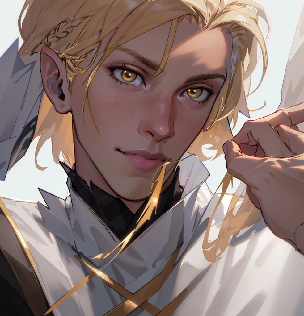 (Highest quality, masterpiece, Very detailedな, Very detailed, Exquisite, 16K,Full HD),No text,Golden Hair,zevran,male、White background