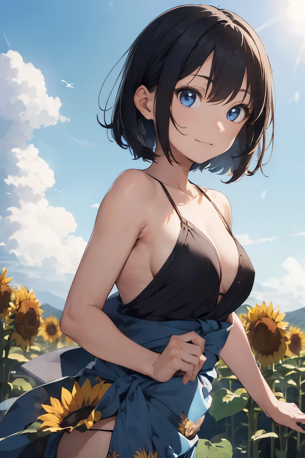 ((Highest quality)), ((masterpiece)), (detailed), (Japanese),, Black Hair,(Childish face), (Bob Hair), Girl, big Breasts, Small nipples, , ((Blue eyes)),half-smile ,((Sarong pass)), Sunlight,Profile, arched back, (extreme_close_up) ,Sunflower field,
