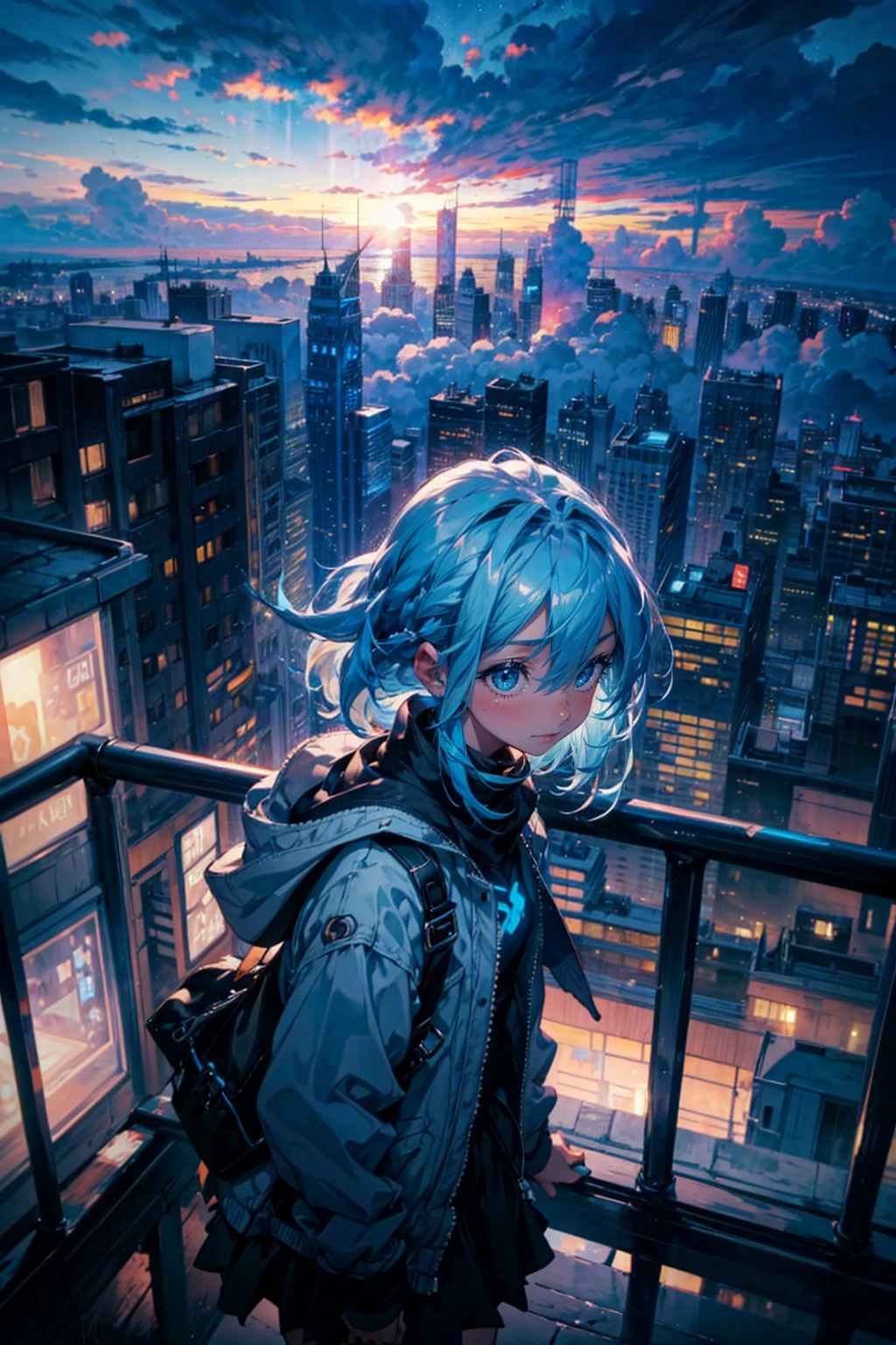 1girl,solo,cute,light blue hair,outdoor,cloudy,dark sky,over lookdown the city