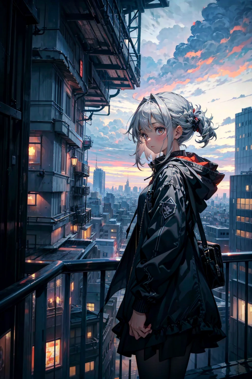 1girl,solo,cute,Gray hair,outdoor,cloudy,dark sky,over lookdown the city