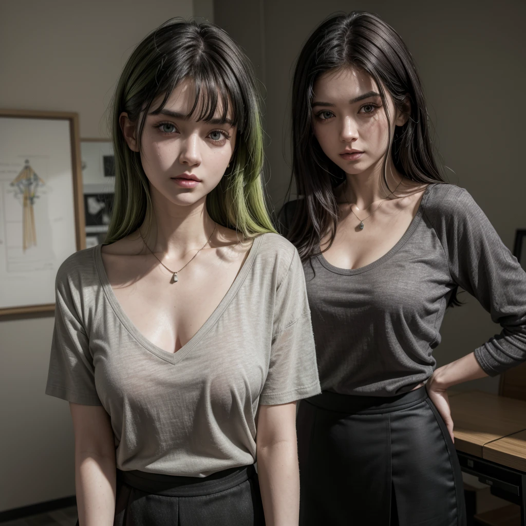 yelenadef, hair green, greeneyes, medium body medium hair, portraite, gray shirt, Black Skirt, pencil skirt, secretary, clavicle, neckleace, collar shirt, standing, 
work of art, best qualityer,