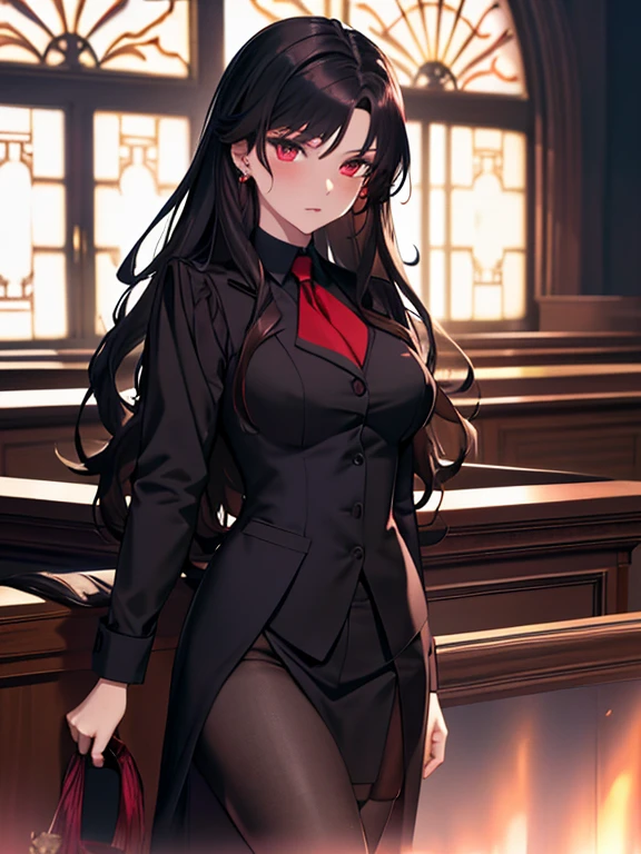 (lawyer), (The background is the courtroom), (Black suit), Tohsaka Rin, (masterpiece), highest quality, 1girl, uhd, retina, masterpiece, ccurate, anatomically correct, textured skin, super detail, high details, high quality, best quality, highres, 4K