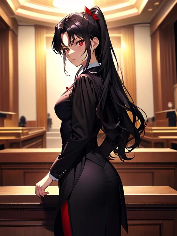(lawyer), (The background is the courtroom), (Black suit), Tohsaka Rin, (masterpiece), highest quality, 1girl, uhd, retina, masterpiece, ccurate, anatomically correct, textured skin, super detail, high details, high quality, best quality, highres, 4K