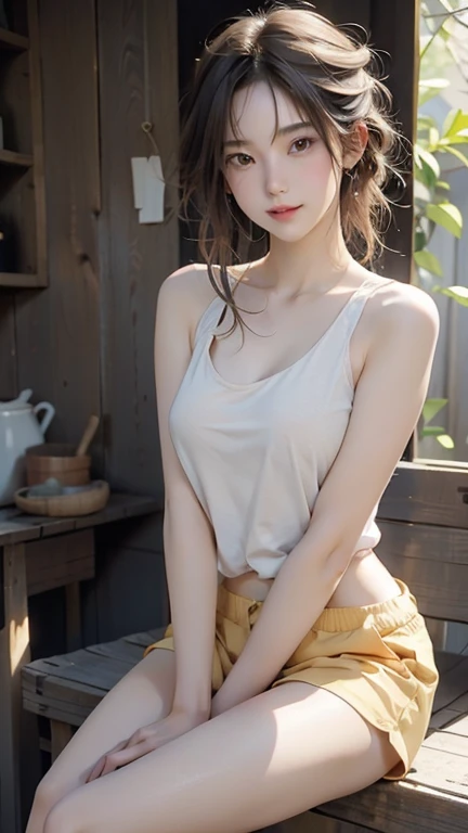 garden、Highest quality、High resolution、Pixel perfect、8k、finely、Perfect dynamic structure、finelyて美しい目、Stand up and shine、Natural color lip、woman、Age 25、Clear Skin、Very detailed、White tank top with an open neck、Shorts、Big Breasts、Dripping sweat、Sweaty、Thin thighs、Beautiful legs、delicate、Open your mouth、Browsing Caution