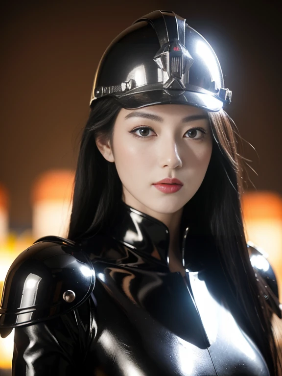 Close-up of beautiful woman, military outfit with military helmet, skull army background; destructive war scene, destroyer bones; skull decoration; menacing, fantastical style; iron armor with skeleton decoration; cinematic colors. Photo taken with Canon EOS R5 85mm f/11 Camera, ((sharp)) mode of the girl and the surrounding scenery. Image quality ((8K)), ((lifelike)), ((masterpiece)), ((sharp and highest contrast)), ((great depth of field)), ((light stereolithography)).