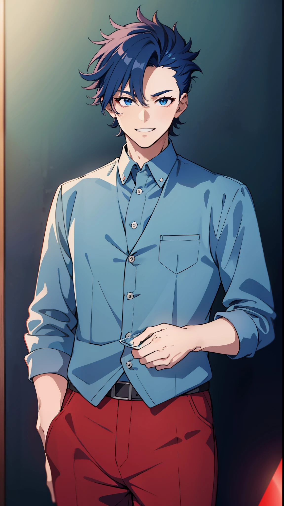 anime boy, smiling, teeth, happy, wide smile, holding glass, dark blue hair, blue eyes, red clothes, white shirt, (beautiful and aesthetic:1. 5), thick black lineart, clean lineart, perfect lineart, moody lighting, gritty, intense, sharp lineart, best quality, high quality, best quality, ultra-detailed, saturated colours, HD,