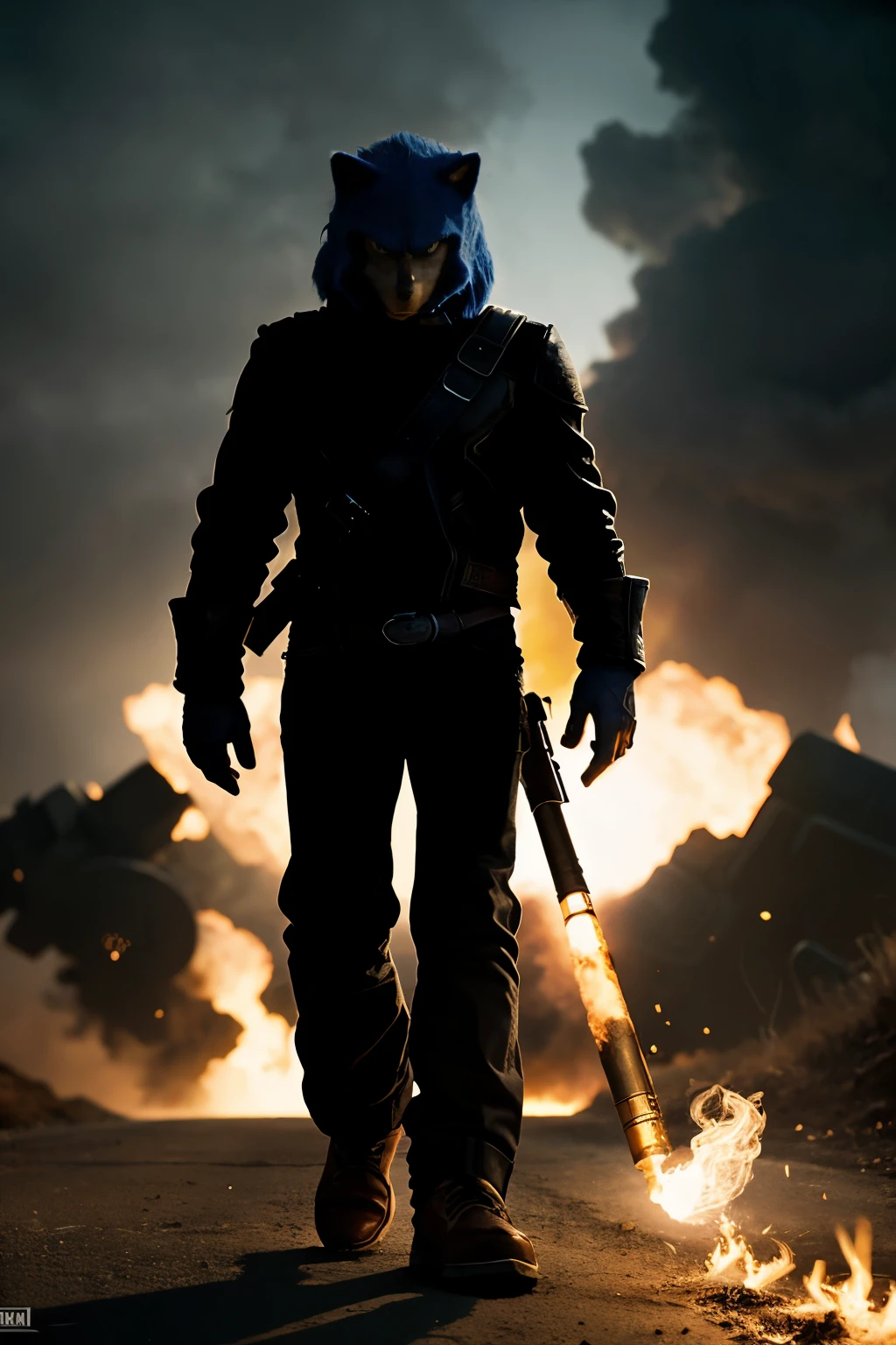 Create an epic Sonic image, the fictional character of video games, with an aesthetic similar to that of the Doom Eternal video game, walking towards the camera, with a big smoking gun in his hand, a lot of ammunition on the ground and there is a lot of tobacco smoke in the air. Sonic is entering a dark room. he is alone.