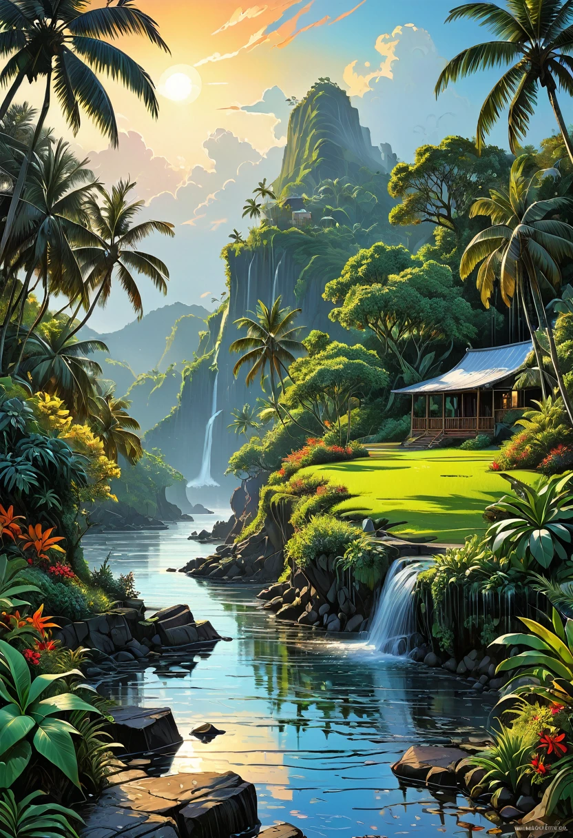 elegantism, insane detail, norman rockwell::3, beathtaking tropical landscape, Amazing and mystical beauty, beautiful landscape of nature, magnificent, majestic, magical ✨, 5d, hdr, three-dimensional exposure, coherent, drawing pen, real cinematics, digital drawing of small details, fine art, fabulous, harmony of color, magical, masterpiece, drawing of small details, spectacular colors, professional photo, dark art, thin clear contours, subject shooting, after the rain, press release, beautiful background, vector graphics, realistic, beautiful, aesthetically pleasing,(masterpiece), best quality