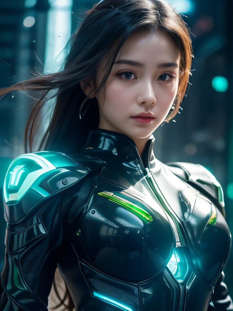 masterpiece, Best image quality, Excellent details, Ultra high definition, Ultra-high resolution, (realism: 1.4), Best Photos, Favorite Details, Very condensed one girl, Delicate and beautiful features, Wearing a black and green mech, Riding on motorcycle, Speed, The background is a futuristic city high tech lighting scene.