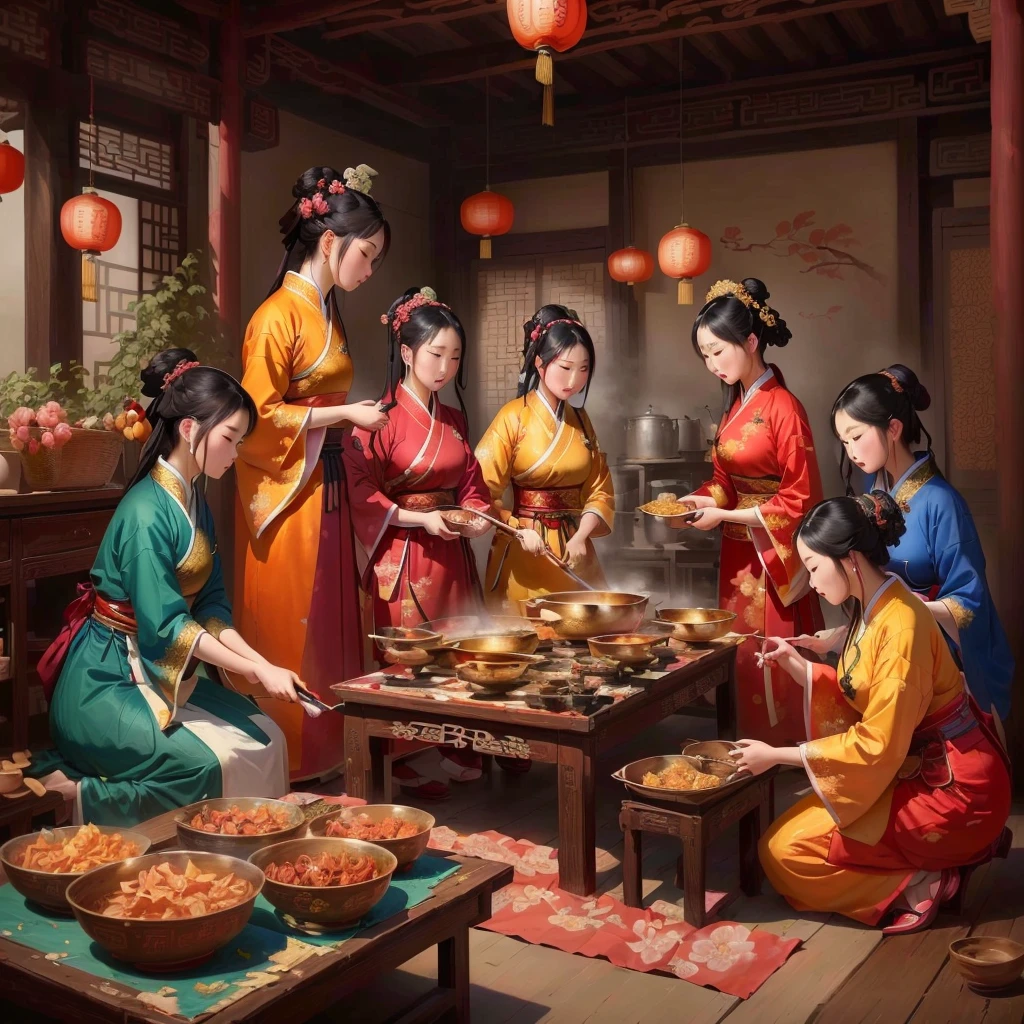 painting of a group of women in traditional clothing preparing food, traditional painting, ancient chinese art style, for Qu Leilei, Traditional art, oriental art style, by Yang J, by Qian Gu, traditional Chinese, beautiful representation of the tang dynasty, by Wang E, wearing ancient chinese clothing, by Kim Hwan-gi, by Lu Guang, by Li Zai