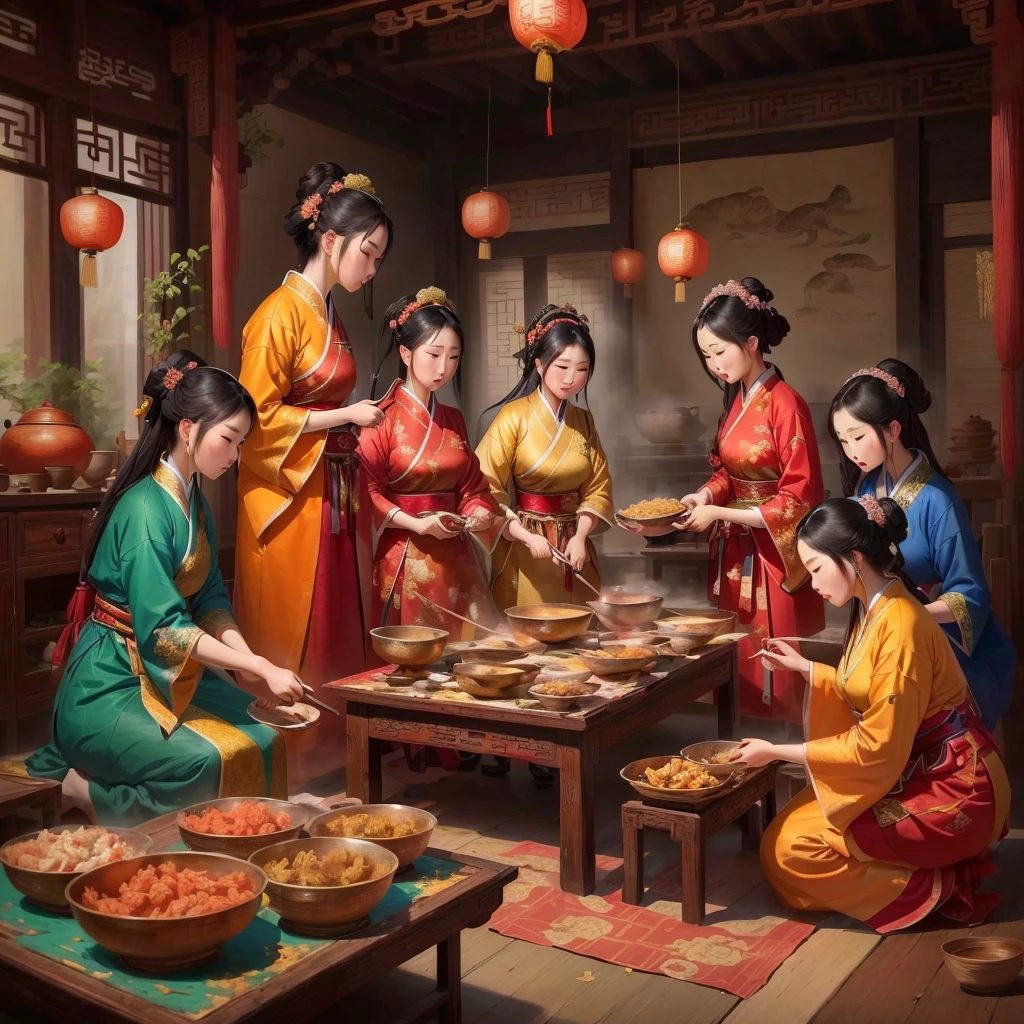 painting of a group of women in traditional clothing preparing food, traditional painting, ancient chinese art style, for Qu Leilei, Traditional art, oriental art style, by Yang J, by Qian Gu, traditional Chinese, beautiful representation of the tang dynasty, by Wang E, wearing ancient chinese clothing, by Kim Hwan-gi, by Lu Guang, by Li Zai