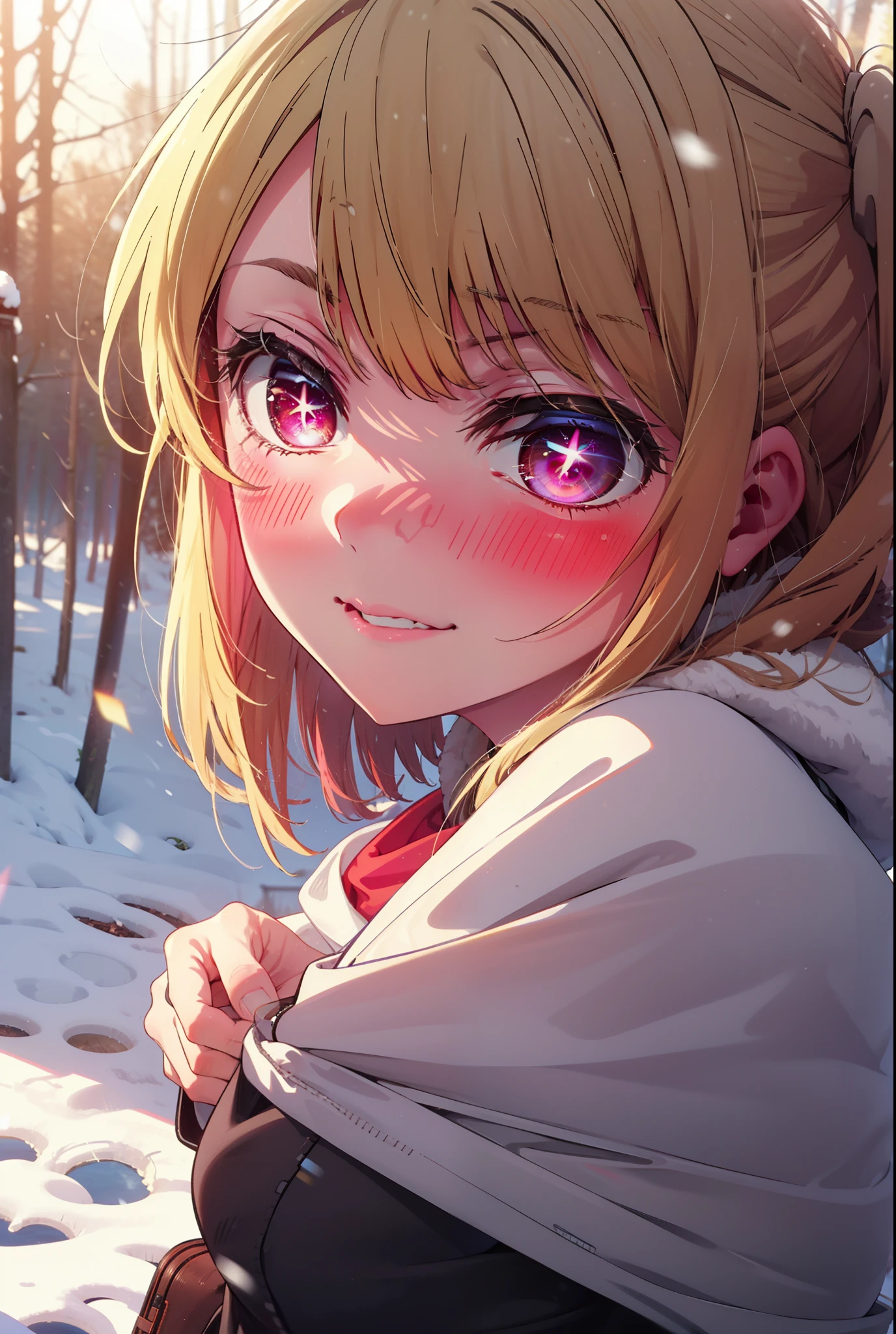 rubyhoshino, Hoshino Ruby, Long Hair, bangs, blonde, (Pink Eyes:1.3), Side Lock, (Symbol-shaped pupil:1.5), Multicolored Hair, Two-tone hair, smile,,smile,blush,white breath,
Open your mouth,snow,Ground bonfire, Outdoor, boots, snowing, From the side, wood, suitcase, Cape, Blurred, , forest, White handbag, nature, Squat, Mouth closed, Cape, winter, Written boundary depth, Black shoes, red Cape break looking at viewer, Upper Body, whole body, break Outdoor, forest, nature, break (masterpiece:1.2), Highest quality, High resolution, unity 8k wallpaper, (shape:0.8), (Beautiful and beautiful eyes:1.6), Highly detailed face, Perfect lighting, Extremely detailed CG, (Perfect hands, Perfect Anatomy),