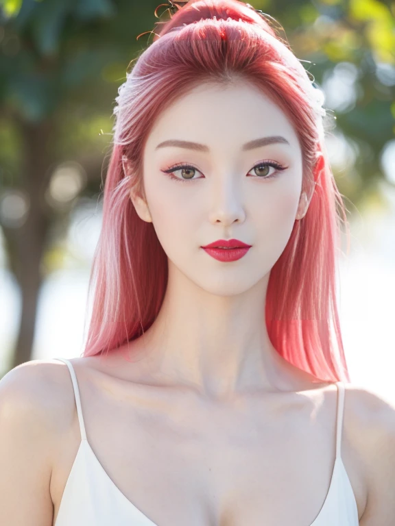 An extremely beautiful Korean female model with a perfect body. Photo taken with Canon EOS R5 85mm f/11 Camera, ((sharp)) mode of people and surrounding scenery. Image quality ((8K)), ((lifelike)), ((masterpiece)), ((sharp and highest contrast)), ((great depth of field)), ((light stereolithography)).
((Pink hair)), ((high-end cosmetic makeup)), ((bright, radiant smile)), ((brilliant glossy red lipstick)), ((Ivory, white skin bright)), detailed pores, ((glossy skin)), ((Light shining directly on the face)), bright sunlight.