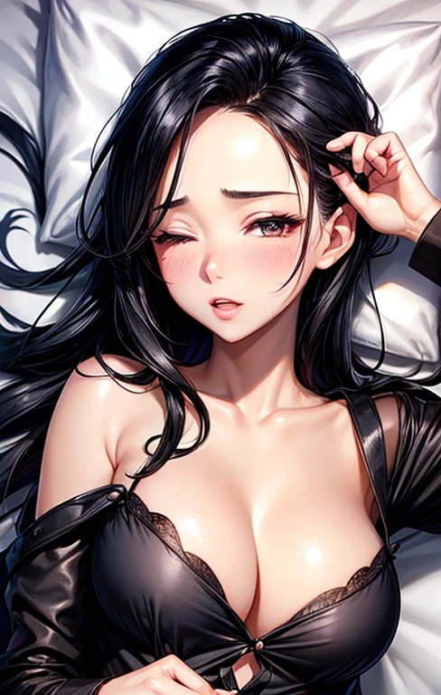 Sexy Woman, Black Hair, Single Blade, Long forehead, close your eyes, Lips parted, deepest blush, Panicked, Amorous, Sexy pajamas, Unbuttoned, Lying in bed, Very fascinating, Excited, Put your head on the pillow, Look up