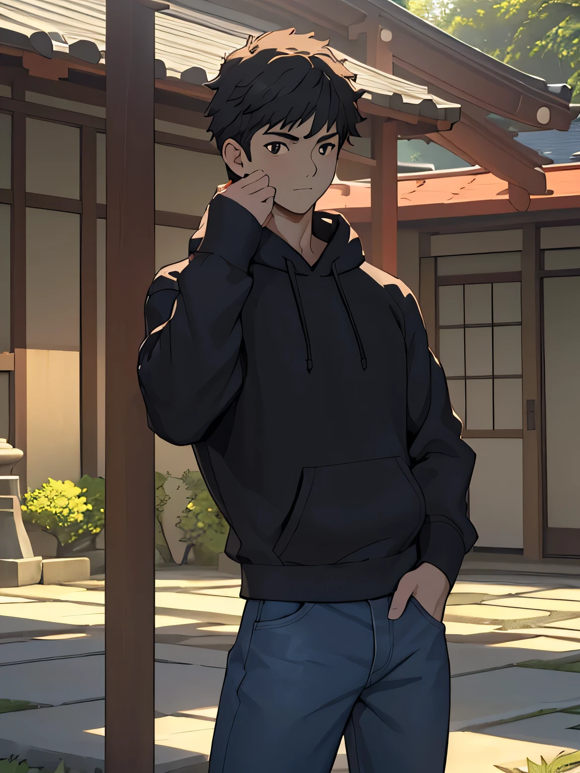 ((masterpiece)), ((best quality)), (ultra-detailed), (((((lighting forward, Garden of Japan house, Not in the shade, Landscape, fullbodyesbian, Inside the dojo))))), (8k, ultra-detailed, 1boy, solo, boy, worm eyes), Young boy, eight: 168cm, 6.5 heads, baby face, Innoc ruddy skin)))), (Black Short straight hair, brown eyes), Vivid colors, ((A loose fitting and half sleeves plain hoodie), Denim trousers),