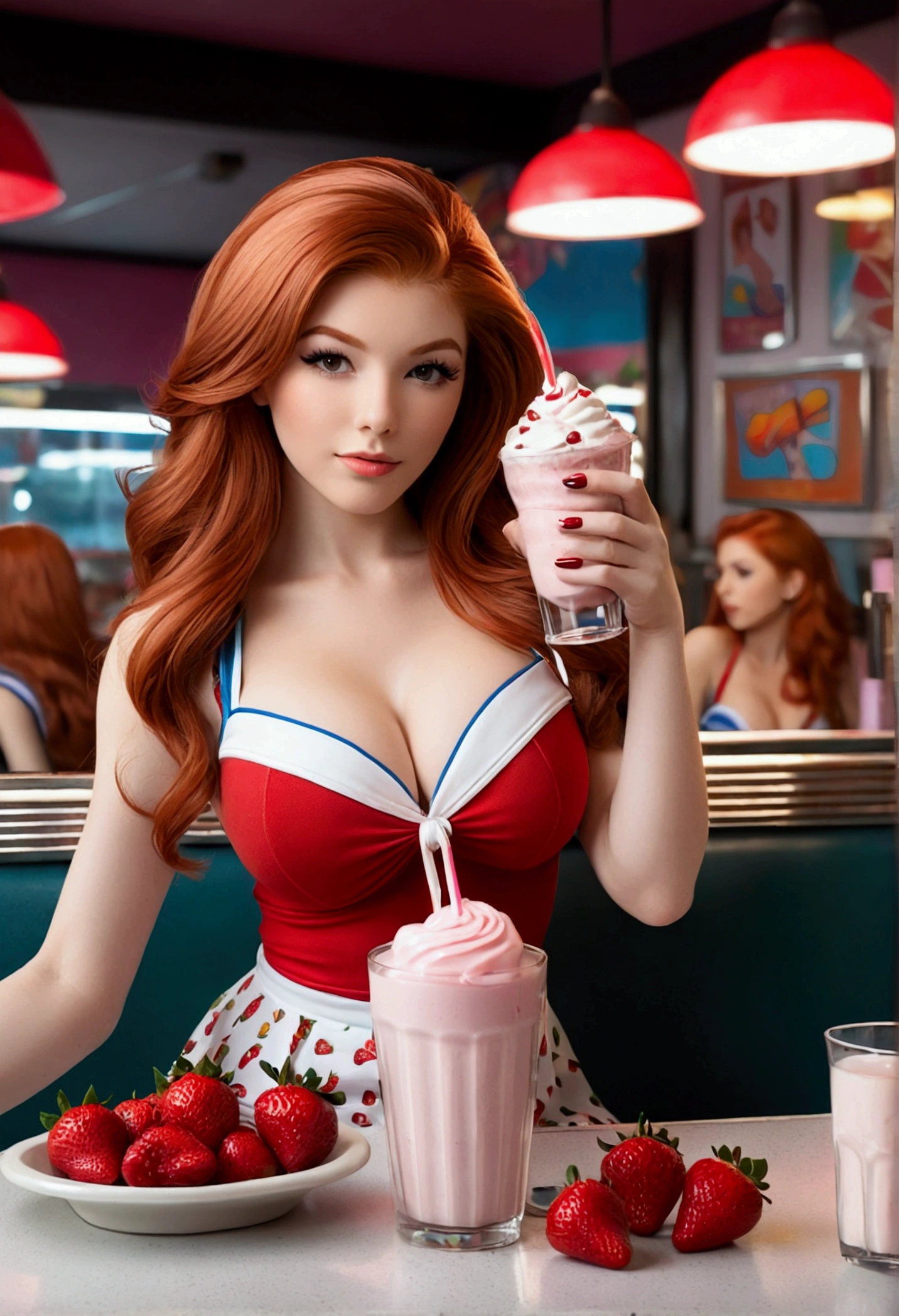 ultra realistic, photography, long red hair, girl, 24 years old, hourglass figure, perfect body, large breasts, massive cleavage, Flirty look, extremely detailed artgerm, in the style artgerm, facing the camera, lens 35 mm, blur background, in a 60s diner, sitting at a table, strawberry milkshake, cheerleader outfit