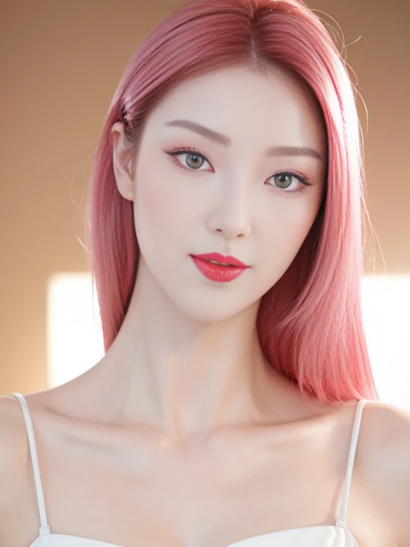 Close-up photo of the face of an extremely beautiful Korean female model with perfect body. Photo taken with Canon EOS R5 85mm f/11 Camera, ((sharp)) mode of people and surrounding scenery. Image quality ((8K)), ((lifelike)), ((masterpiece)), ((sharp and highest contrast)), ((great depth of field)), ((light stereolithography)).
((Pink hair)), ((high-end cosmetic makeup)), ((bright, radiant smile)), ((brilliant glossy red lipstick)), ((Ivory, white skin bright)), detailed pores, ((glossy skin)), ((Light shining directly on the face)), bright sunlight.