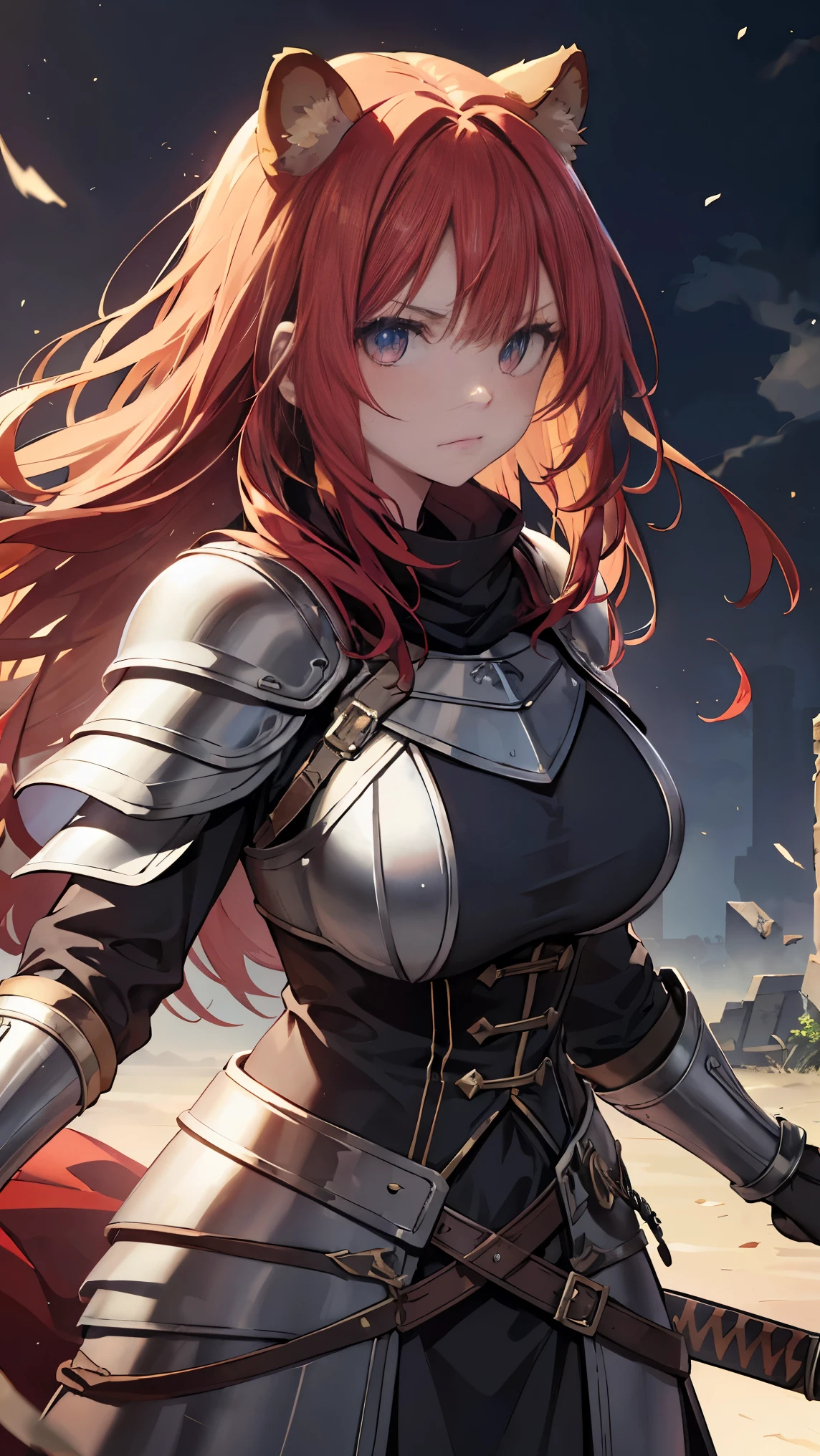 ((best quality)), ((masterpiece)), (detailed), perfect face, Highly detailed face, detailed eyes, (looking at viewer:1.2), (red hair), bangs, ((hair over shoulder)), floating hair, raccoon ears, black armor worn by medieval Western knights, the shiny design, the toned waist, the fantasy novels, the powerful gaze, ((she holds a long, huge sword that shines red)), , grip the sword, hold the sword, fantasy art, Goldsmith Armor, burning ruins, forehead protector, 