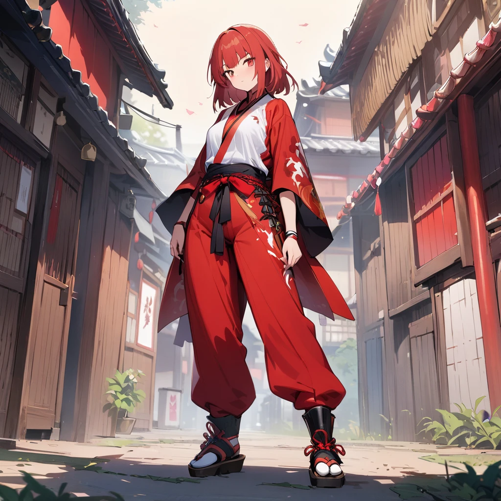 One girl, hot pants, samurai, Red and white ninja outfit,, masterpiece, Highest quality, Very detailed,View your viewers,Standing posture,fullbody