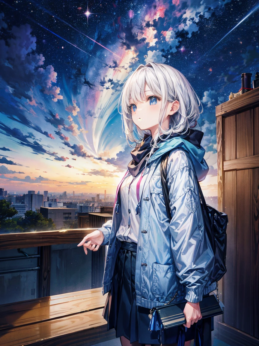 Octanellender, Sky Sky, star (Sky Sky), landscape, star空, night, One huge breasted girl, night空, alone, outdoor activities, building, cloud, milky way, Sit, wood, Long white hair, city, Contour, City view, Look up at the sky, 8k, 美しいnight空, Ray Tracing, masterpiece, Cute Face