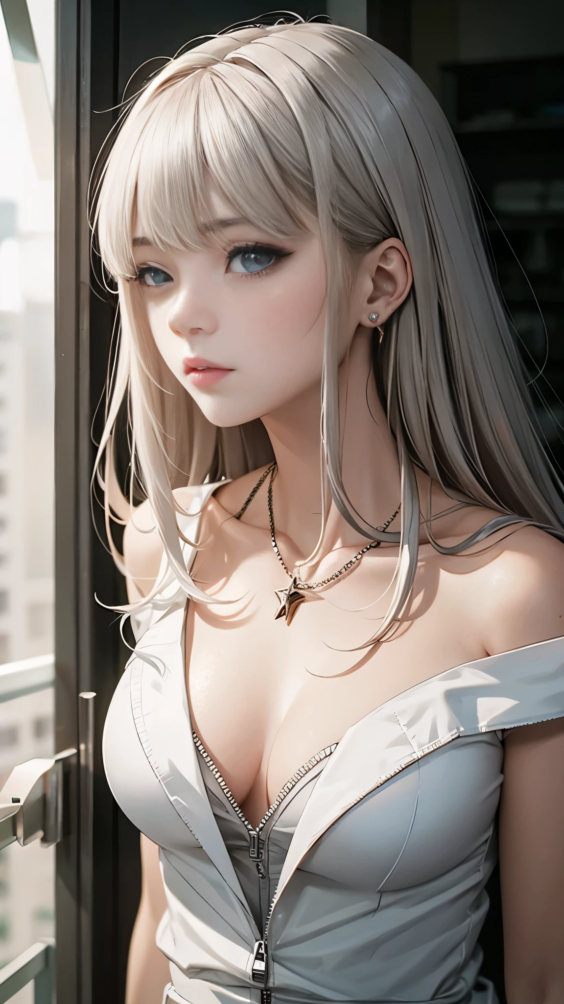 (nsfw), masterpiece, High resolution, screenshot, Highest quality, One girl, (Scar on the left eyelid), White cropped jacket with frayed edges, Extremely detailed fabric texture, Three-part method: close-up of the scar, mid-shot emphasizing the jacket, full-body pose, Jewelry: a simple silver pendant, Long hair flowing down her back, bangs framing her face, Hair subtly sticking to her forehead and eyelids due to the close-up.