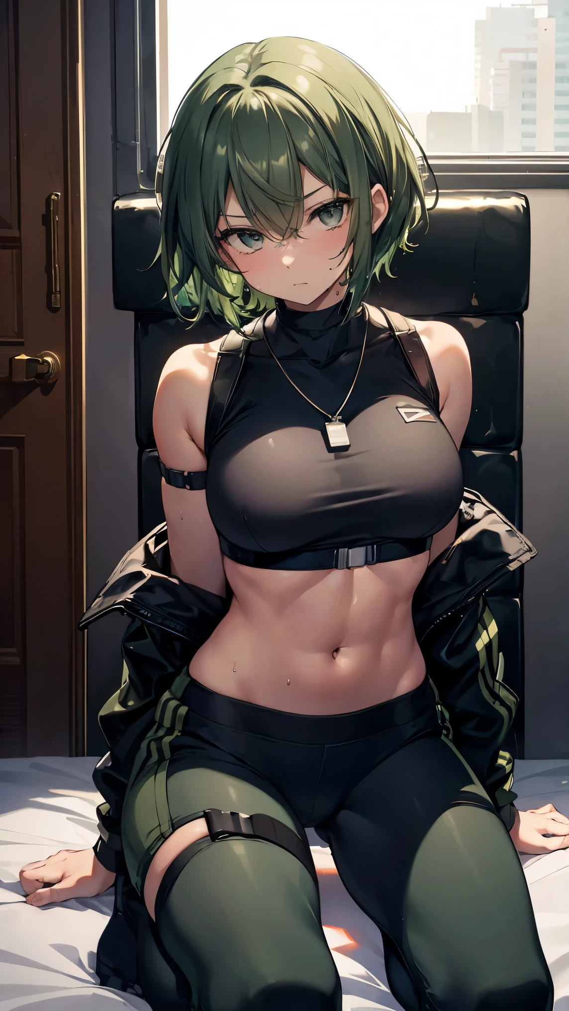 High resolution,high resolution,Girl,(Unshaven,Dark green hair,Short Hair,),Grey Eyes,Slanted Eyes,Bad mood,Brown skin,boyish,slender,Abdominal muscles,Military Suits,Bandage,Soldier,On the bed,Dark Room,Dog Tags,Helmet,Large Breasts,Wet with sweat,Sit on a chair,Get on one knee