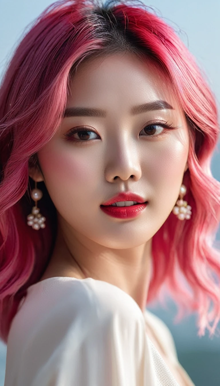 Close-up photo of the face of an extremely beautiful Korean female model with perfect body. Photo taken with Canon EOS R5 85mm f/11 Camera, ((sharp)) mode of people and surrounding scenery. Image quality ((8K)), ((lifelike)), ((masterpiece)), ((sharp and highest contrast)), ((great depth of field)), ((light stereolithography)).
((Pink hair)), ((high-end cosmetic makeup)), ((bright, radiant smile)), ((brilliant glossy red lipstick)), ((Ivory, white skin bright)), detailed pores, ((glossy skin)), ((Light shining directly on the face)), bright sunlight.
