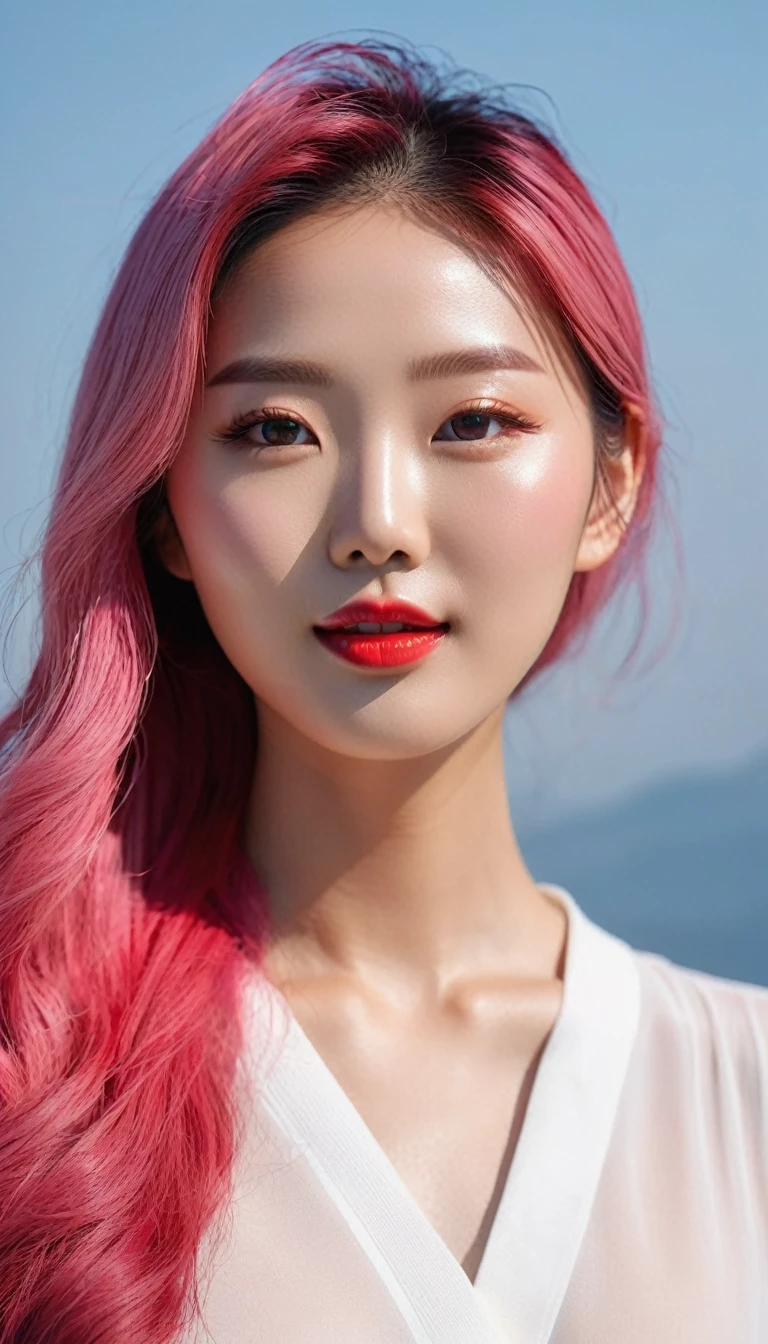 Close-up photo of the face of an extremely beautiful Korean female model with perfect body. Photo taken with Canon EOS R5 85mm f/11 Camera, ((sharp)) mode of people and surrounding scenery. Image quality ((8K)), ((lifelike)), ((masterpiece)), ((sharp and highest contrast)), ((great depth of field)), ((light stereolithography)).
((Pink hair)), ((high-end cosmetic makeup)), ((bright, radiant smile)), ((brilliant glossy red lipstick)), ((Ivory, white skin bright)), detailed pores, ((glossy skin)), ((Light shining directly on the face)), bright sunlight.