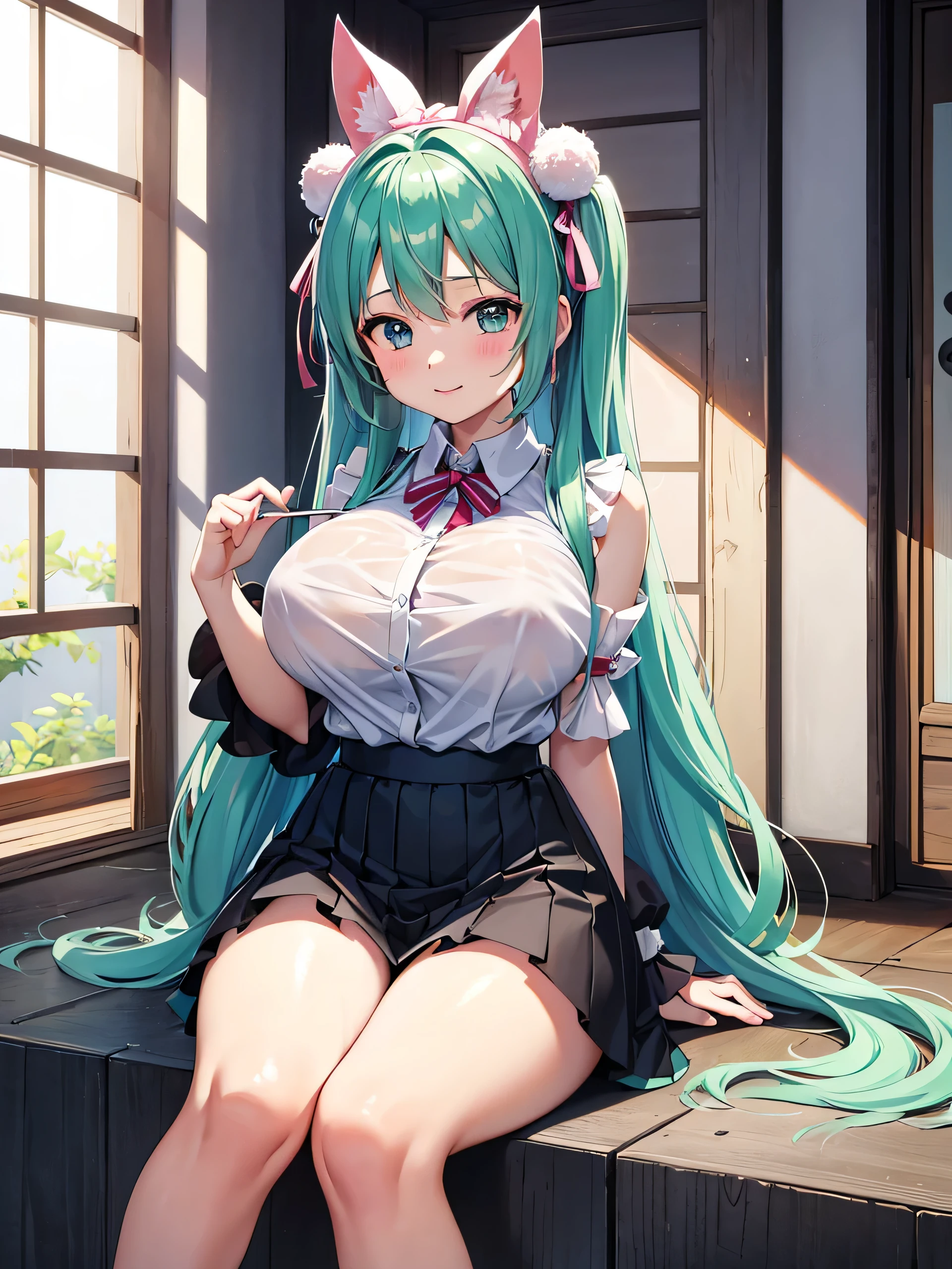 Young Hatsune Miku、girl、独奏、blush、(Huge breasts:1.4)、girl、ergarteners、、6 yearmile、Striped panties、Long skirt、Long sleeve、colorful、Idol Costumes、Frills、Puffy short sleeves、Clothes are see-through、From below、Wet clothes、Transparent nipples、Sit with your legs apart