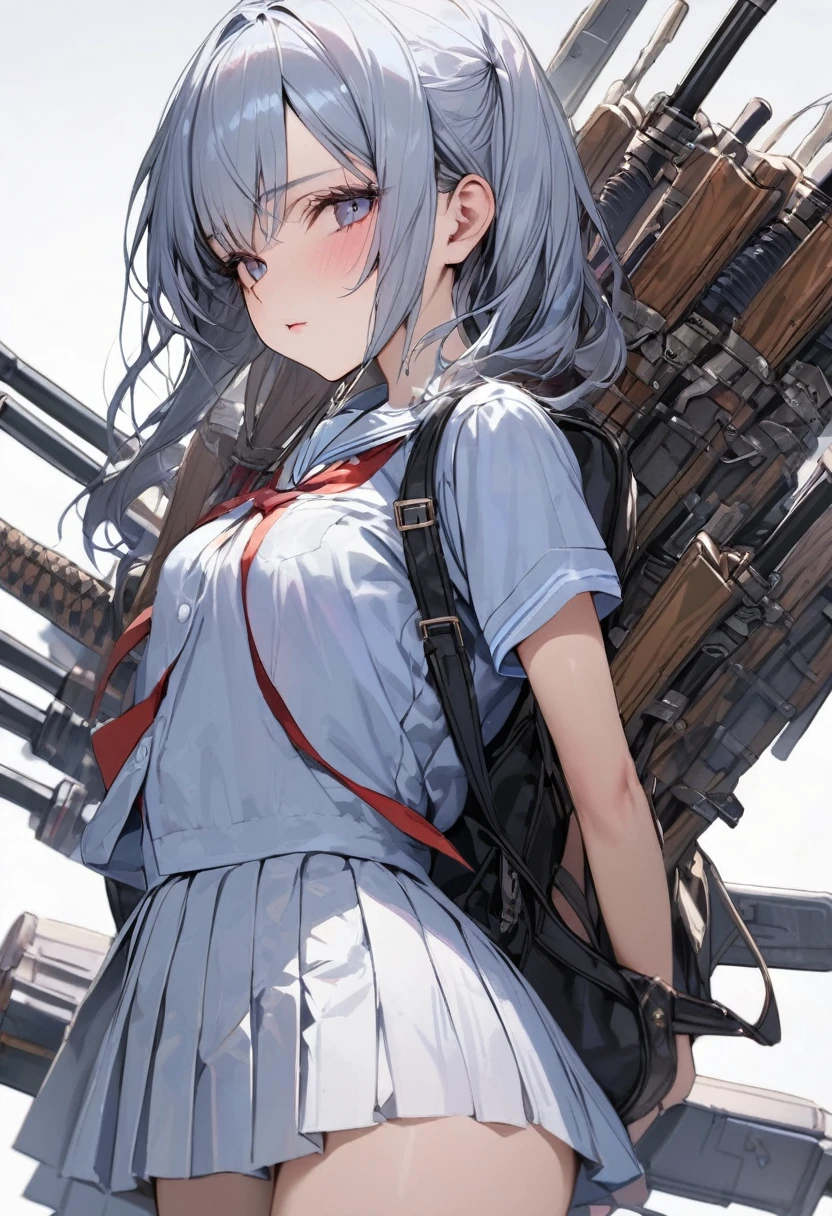 (Masterpiece, BestQuality),girl,summer school-uniform,(She has many weapons attached to her back and arms.),white background,BREAK (16yo,detailed face,middle small breasts),