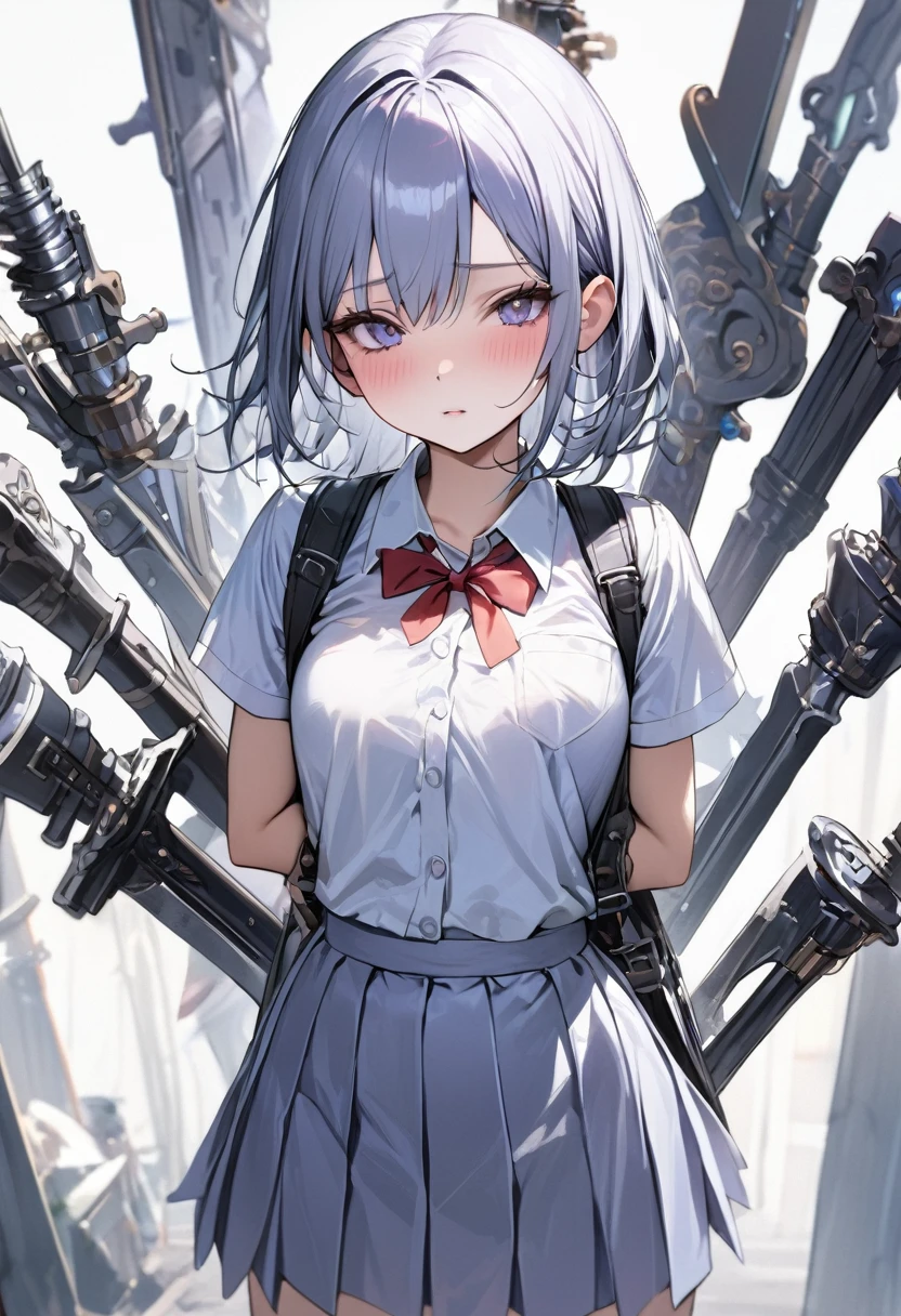 (Masterpiece, BestQuality),girl,summer school-uniform,(She has many weapons attached to her back and arms.),white background,BREAK (16yo,detailed face,middle small breasts),
