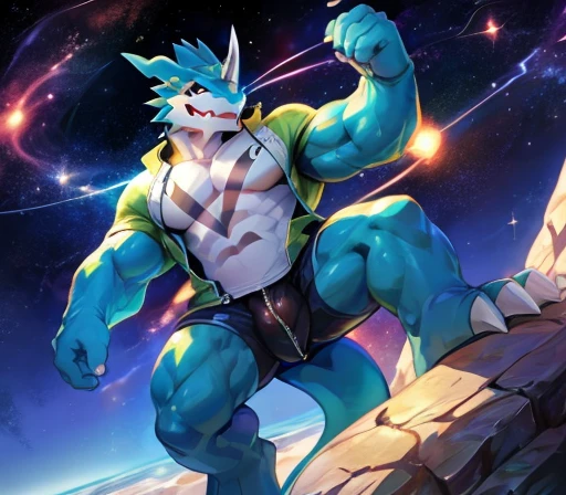 masterpiece,high quality,anime,very handsome,Detailed eyes, Male Exveemon,great physique,Strong body, manly, On the Cliff,The sea can be seen behind,space,Daytime,White flowers are blooming all over the place,stroll,Casual clothing,Green hoodie(The zipper is open),Brown shorts,A seductive bulge in the crotch,Yellow headphones hanging around his neck,美しいspace, Joyful, From null-ghost,Pino Daeni