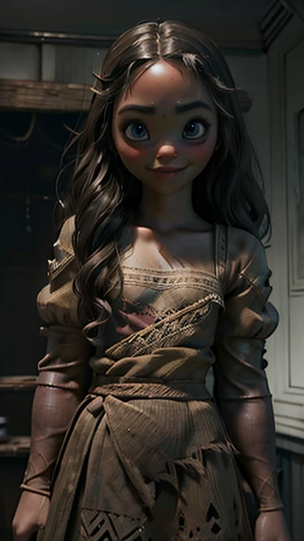 best quality,masterpiece,1girl,solo,(((13years old))),japanese girl,an extremely cute and beautiful girl,highly detailed beautiful face and eyes,petit,cute face,lovely face,baby face,shy smile,show teeth,black hair,long hair,flat chest,skinny,slender,no bra,no Panties, Hairless vagina,(((wearing a moana))),(((standing in reelunsettling dark indoors room),she is looking at the viewer,gothicpunkai, upper body close up