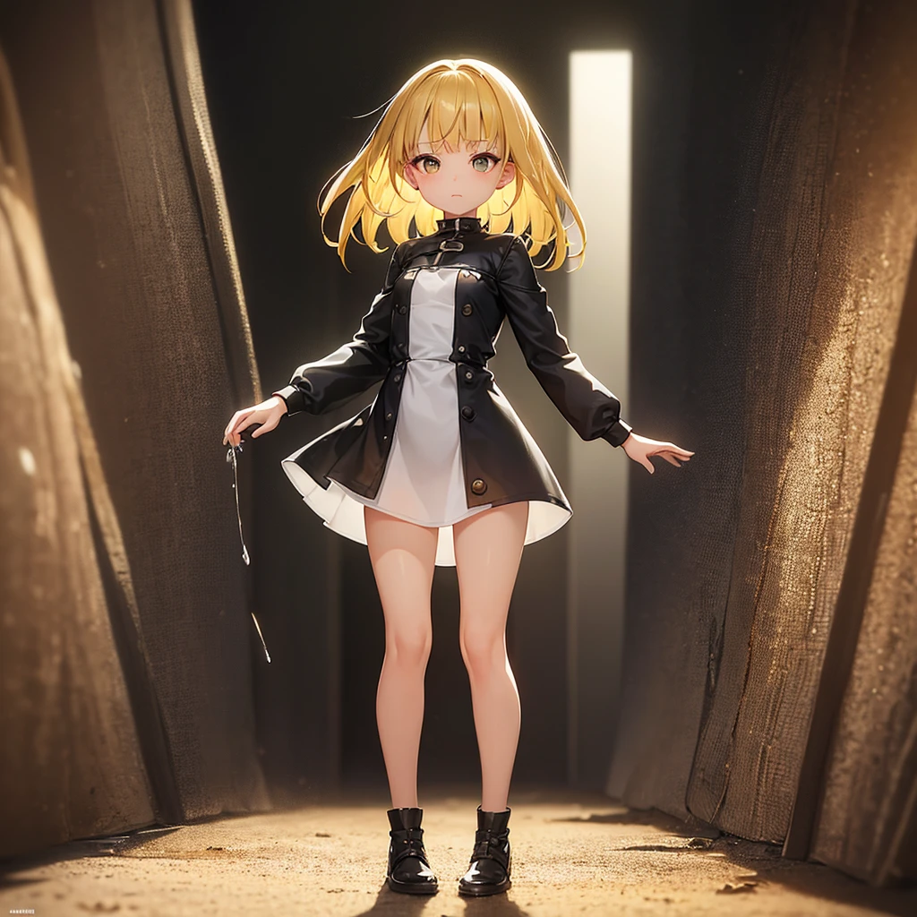(Adventurer),Mini Dress,Cute clothes,mini skirt,In a naughty way,Cute little ,Tiny ,Small girl,,Childish face, Very fine clean face,Top quality,Straight Hair,Yellow hair,(Dark Room), Subtle Light, Natural light,Soft lighting,Light from directly behind,(Open your hands), (Are standing),Front view,Black background