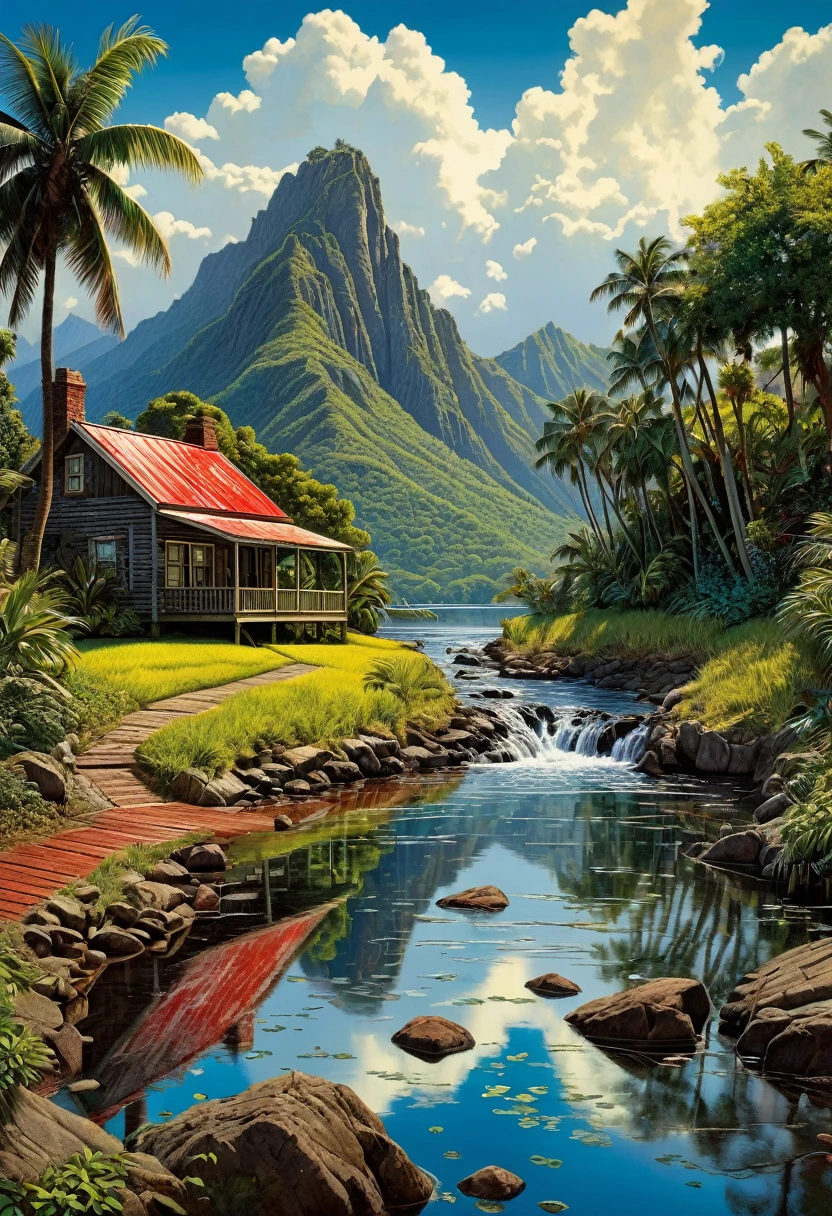 elegantism, insane detail, norman rockwell::3, beathtaking tropical landscape, Amazing and mystical beauty, beautiful landscape of nature, magnificent, majestic, magical ✨, 5d, hdr, three-dimensional exposure, coherent, drawing pen, real cinematics, digital drawing of small details, fine art, fabulous, harmony of color, magical, masterpiece, drawing of small details, spectacular colors, professional photo, dark art, thin clear contours, subject shooting, after the rain, press release, beautiful background, vector graphics, realistic, beautiful, aesthetically pleasing,(masterpiece), best quality