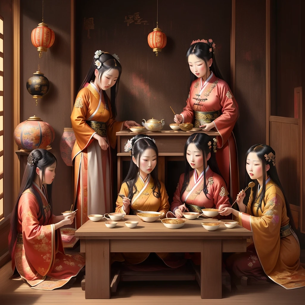 painting of a group of women in traditional clothing eating food, ancient chinese art style, by Qian Gu, wearing ancient chinese clothing, ancient chinese beauties, Traditional art, by Zhang Wo, beautiful representation of the tang dynasty, by Liu Jun, traditional Chinese, for Qu Leilei, traditional oil painting, oriental art style, by Bian Jingzhao, traditional painting, asian art