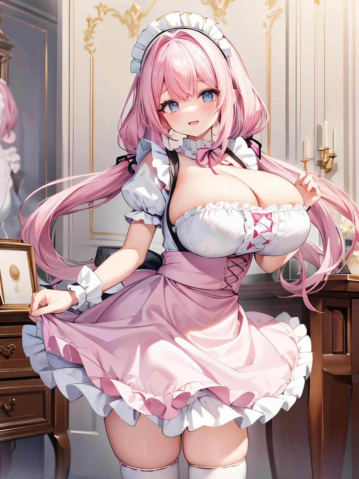 Best Quality,Detailed and cute eyes,Very cute face,(Solo Girl),(gigantic breasts:1.6),(Pink hair),(low twintails:1.4),Scrunchie,Big light blue eyes,Very happy smile,Open your mouth wide,View Viewer,BREAK,(Pink maid outfit,Maid Headdress,Maid Frill Cuffs,Puff sleeves,Micro Mini Skirt,Spread skirt:1.5),Western-style room,Victorian Furniture,Cowboy Shot,(Dynamic Pose,Lifting the skirt),
