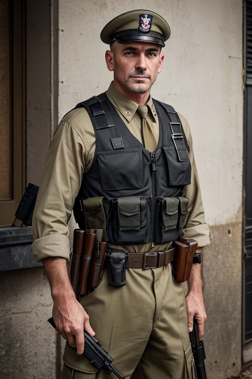 adult man, wearing WWII tactical military attire, going, wearing a WWII military tactical vest, holding a shotgun, with a pistol kept in the uniform. // higher quality// picture-perfect// best result.