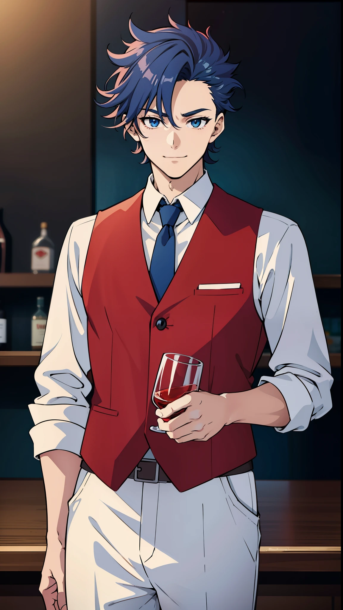 anime boy, bartender, happy expression, holding glass, smiling, dark blue hair, blue eyes, red clothes, white shirt, (beautiful and aesthetic:1. 5), thick black lineart, clean lineart, perfect lineart, moody lighting, gritty, intense, sharp lineart, best quality, high quality, best quality, ultra-detailed, saturated colours, HD,