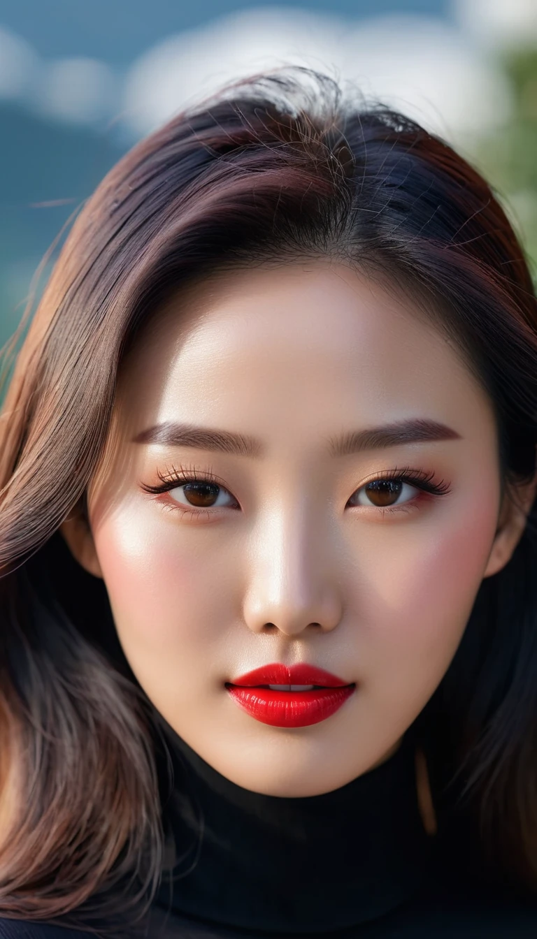 Close-up photo of the face of an extremely beautiful Korean female model with perfect body. Photo taken with Canon EOS R5 85mm f/11 Camera, ((sharp)) mode of people and surrounding scenery. Image quality ((8K)), ((lifelike)), ((masterpiece)), ((sharp and highest contrast)), ((great depth of field)), ((light stereolithography)).
((high-end cosmetic makeup)), ((bright, radiant smile)), ((brilliant glossy red lipstick)), ((Ivory, white skin bright)), detailed pores, ((glossy skin)), ((Light shining directly on the face)), bright sunlight.