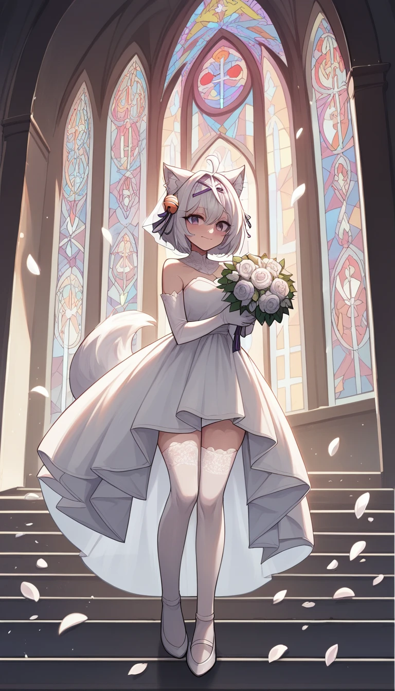 UHD, masterpiece, best quality, natural lighting, Church, infront of the altar, church isle, 1girl, tall, solo, Filian, fluffy fox tail, tail pointing down, small cat ears, white hair, short hair, ahoge, hairclip, hair bell, big purple eyes, slight blush, smiling, a-line wedding dress, white veil, white lace arm sleeves, white gloves, white lace stockings, white shoes with heals, scattered white petals, full body pose, innocent pose, holding bridal bouquet