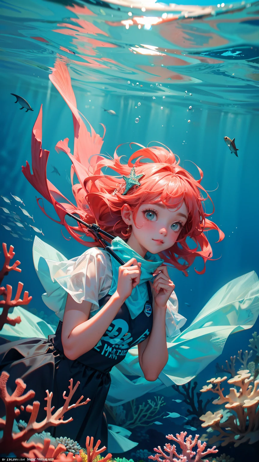 A cute girl with cute annoying face, stuck in fishing nets, set against the backdrop of coral reefs underwater with text below saying 'stuck transaction" underwater background, 