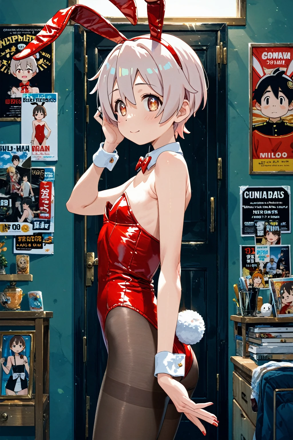 score_9, score_8_up, score_7_up, source_anime, source_cartoon, 1girl, oyama mahiro, onii-chan wa oshimai!, flat chest, tegaki, fake white bunny ears, bunny tail, playboy_bunny girl, pantyhose, red enamel leotard, wrist cuffs, bowtie, bare shoulder, portrait, (In a dimly lit and cluttered anime nerd's room:1.2), anime poster, Magazine Cover, (vulcan salute)